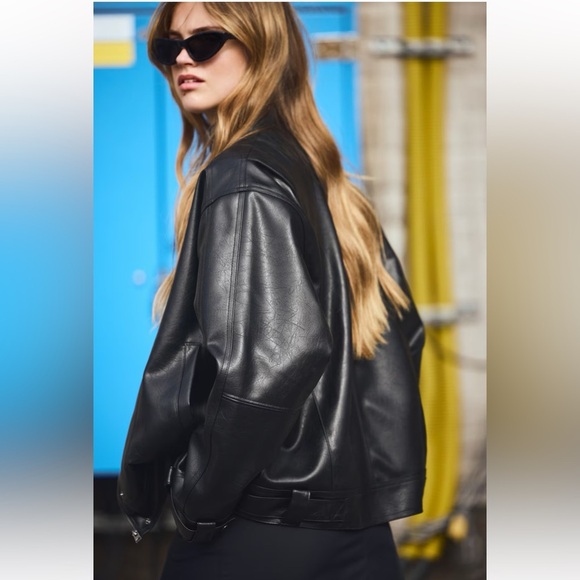 H&M Divided Oversized Biker Black Leather Jacket - Picture 13 of 15